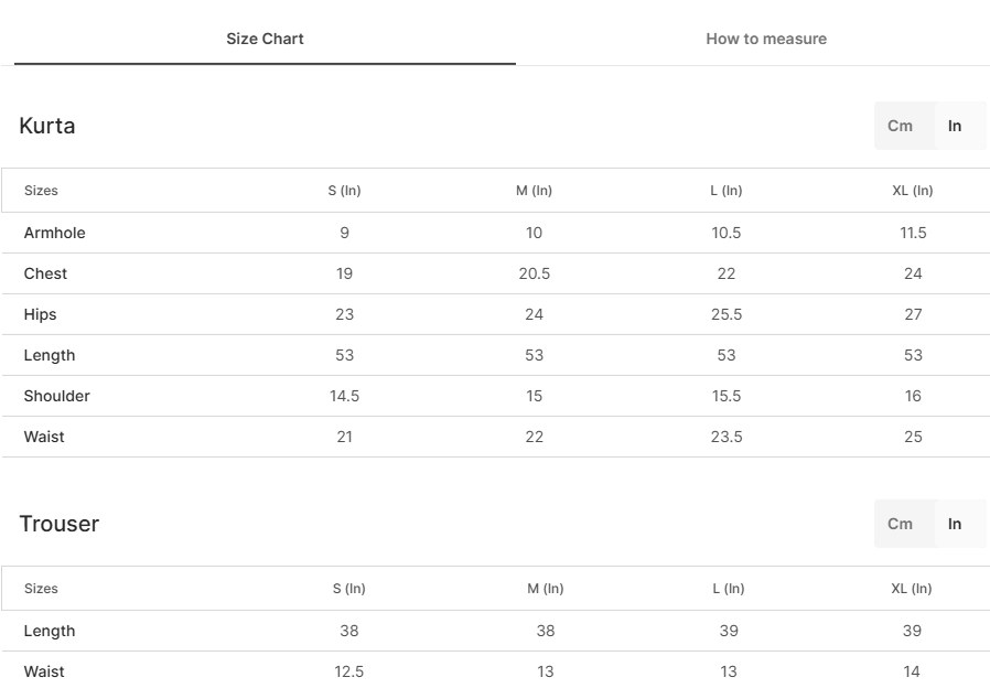 Size chart for Shabpareek Black