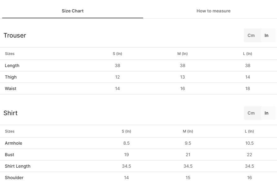 Size chart for Shadmani Maroon