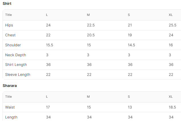 Size chart for Shahpari