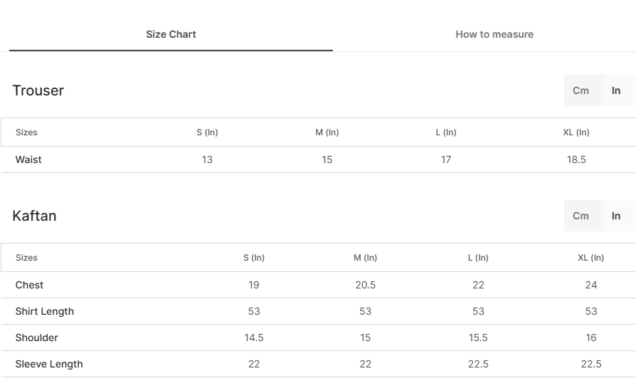Size chart for Shahul Off-White
