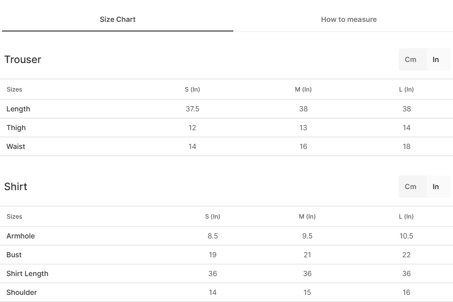 Size chart for Shajar