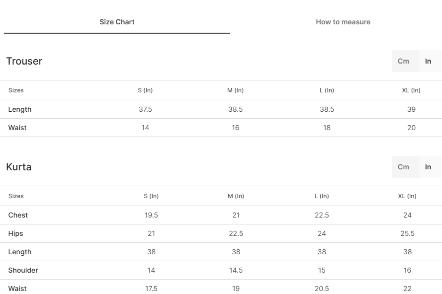 Size chart for Shama