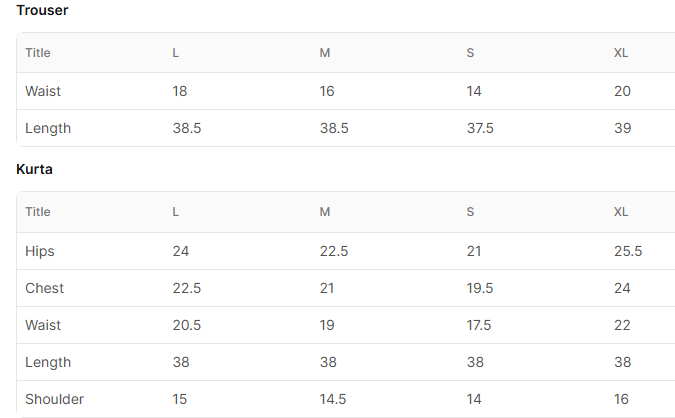Size chart for Shama