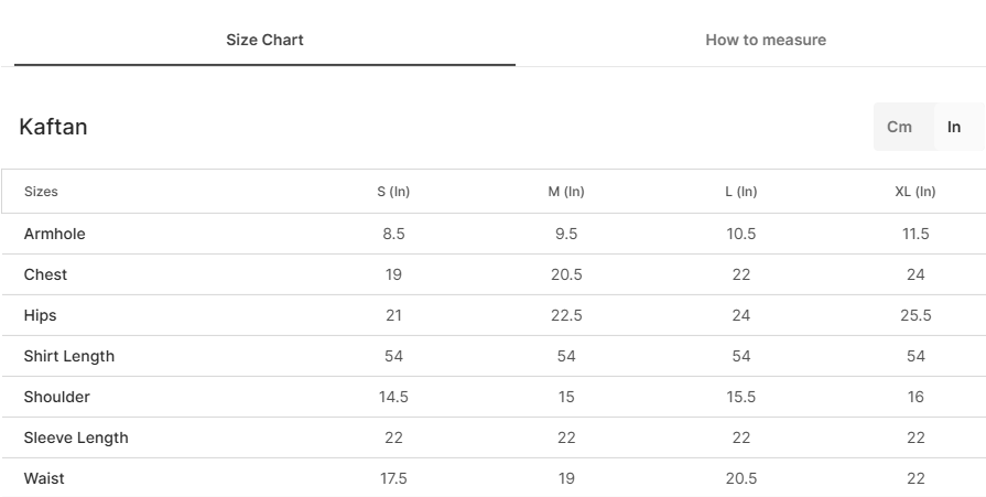 Size chart for Siham Lilac