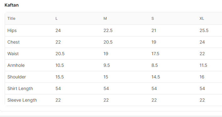 Size chart for Siham Pista