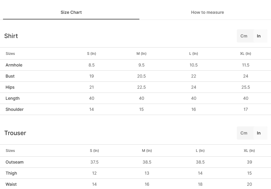 Size chart for Salwa