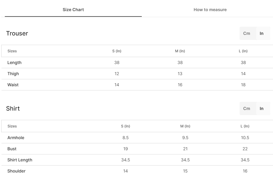 Size chart for Singhar Skin