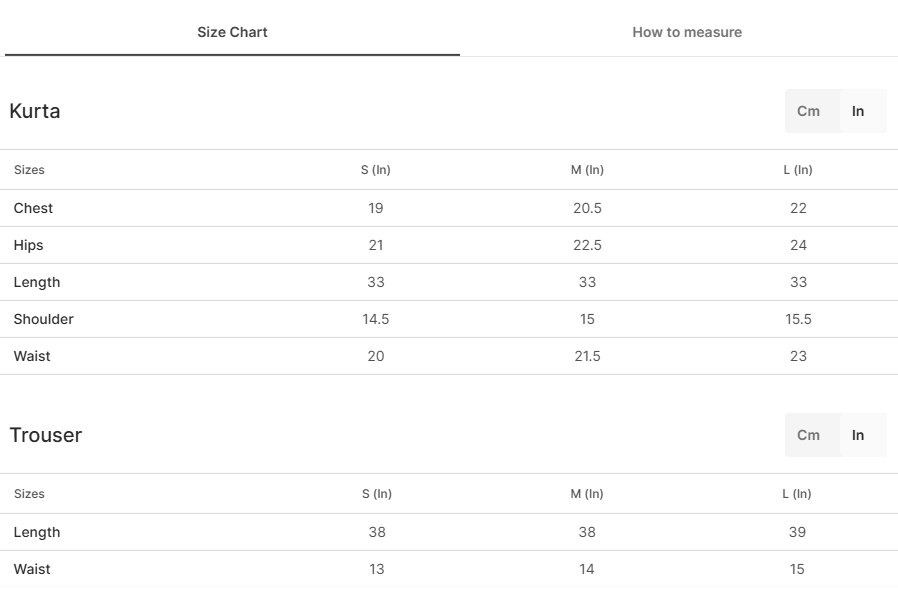 Size chart for Siyahgul