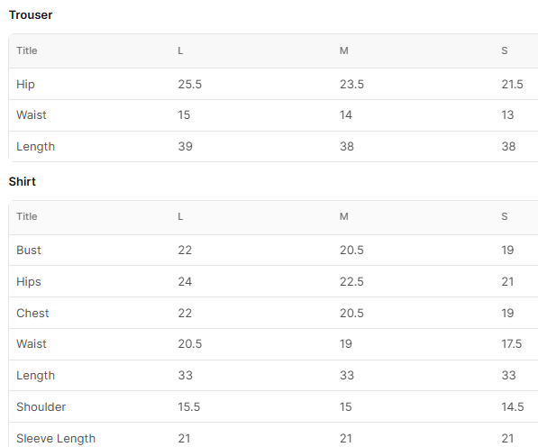 Size chart for Siyahroz
