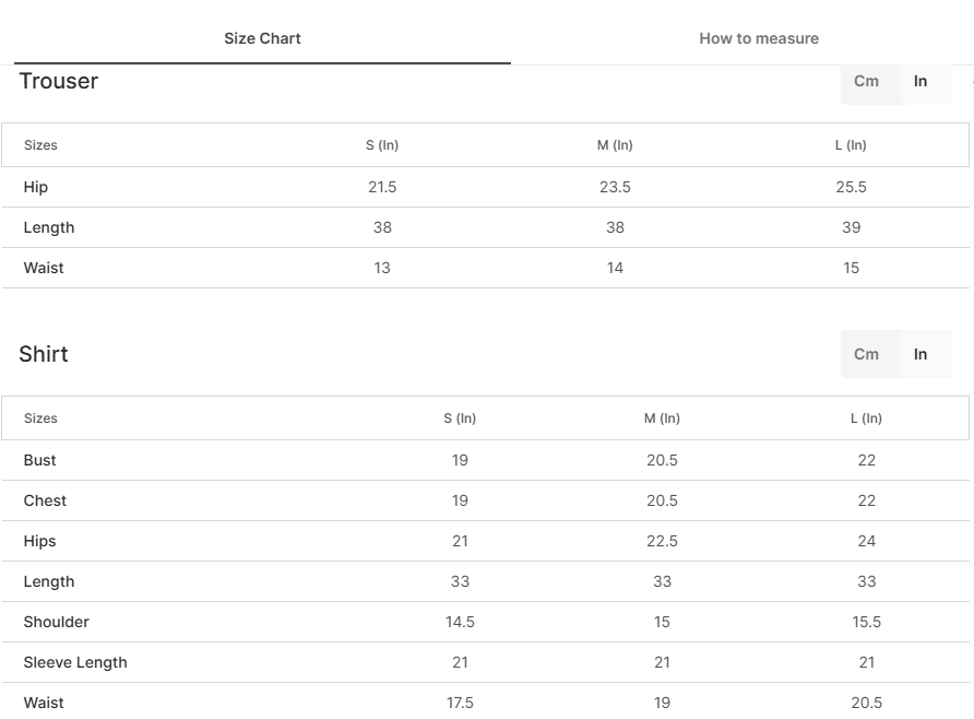 Size chart for Siyahroz Black