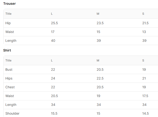 Size chart for Sohniyaan
