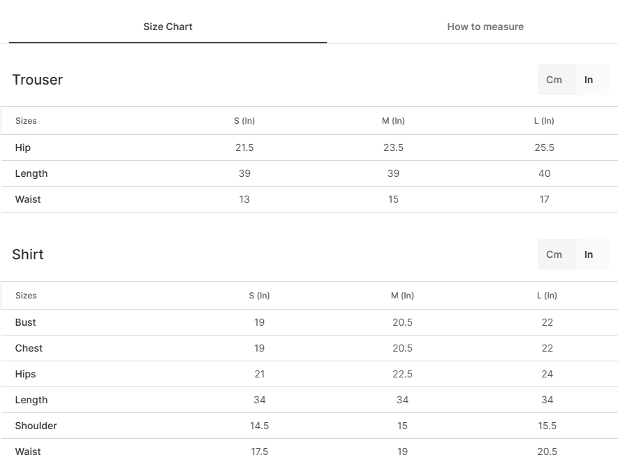 Size chart for Sohniyaan