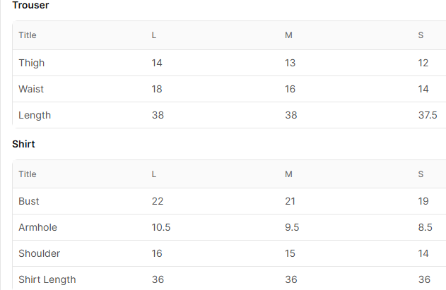 Size chart for Suma