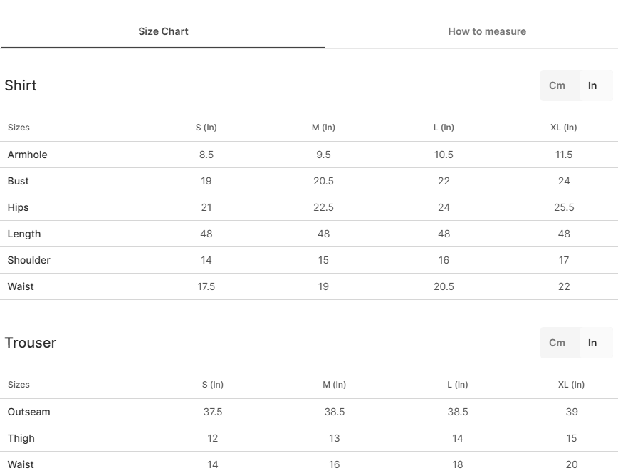 Size chart for Sunlit