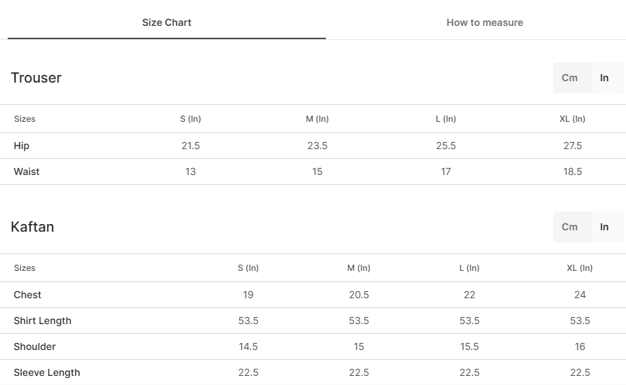 Size chart for Sunshine