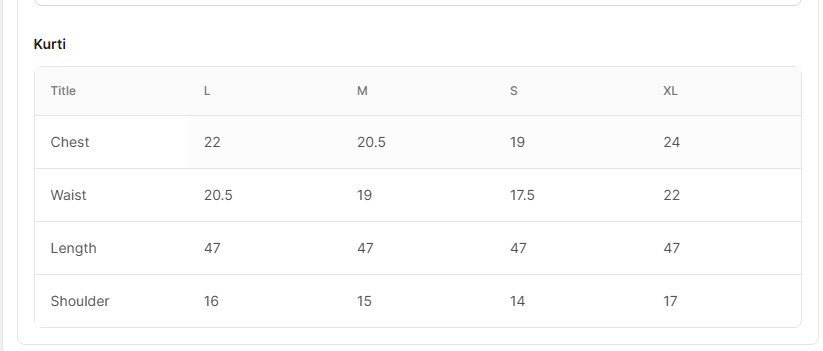 Size chart for Surkhab