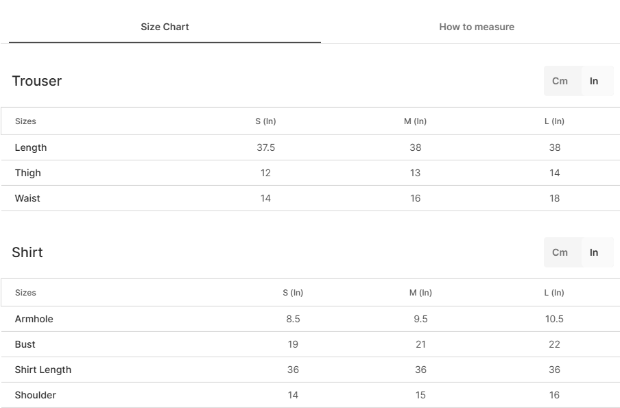 Size chart for Suroor