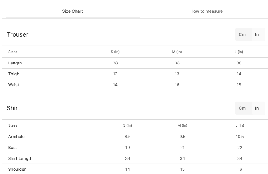 Size chart for Swaye Pink