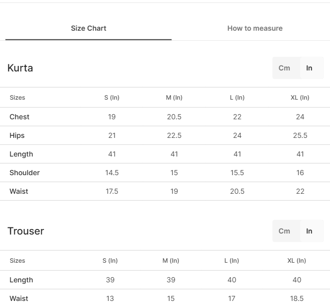 Size chart for Sybilla