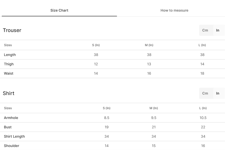 Size chart for Taffy