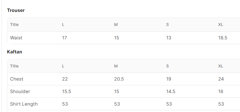 Size chart for Tafiza