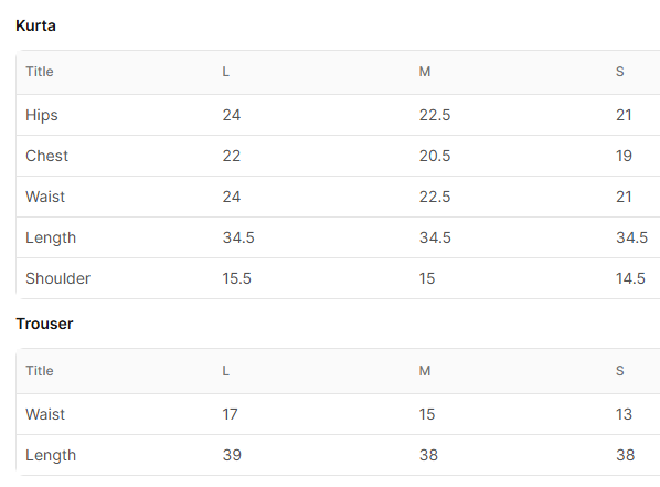 Size chart for Tajwaar