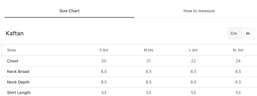 Size chart for Taliya Maroon