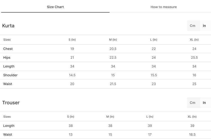 Size chart for Taqweem Pista