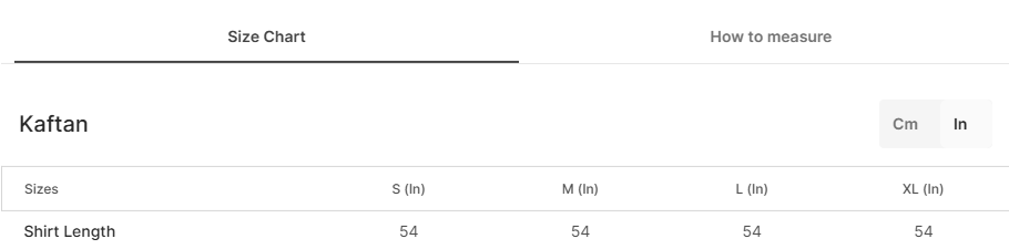 Size chart for Tarana Kaftan