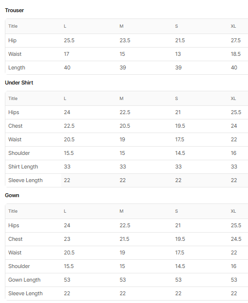 Size chart for Tasveeray