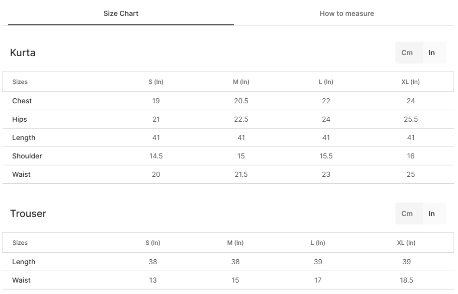 Size chart for Tawoos