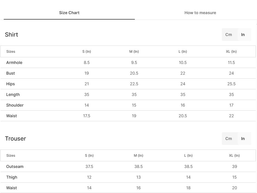 Size chart for Tawreed