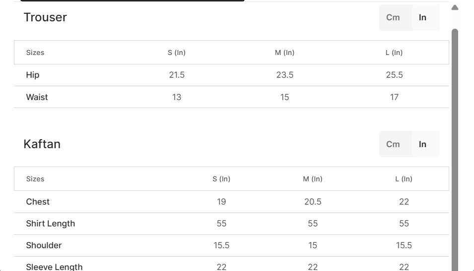 Size chart for Tazetta