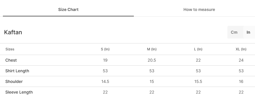 Size chart for Tazkiya Black