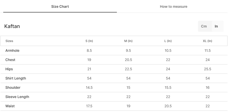 Size chart for Tazyin