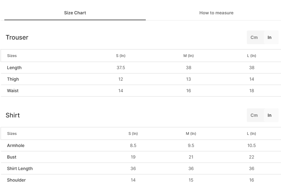 Size chart for Turbat