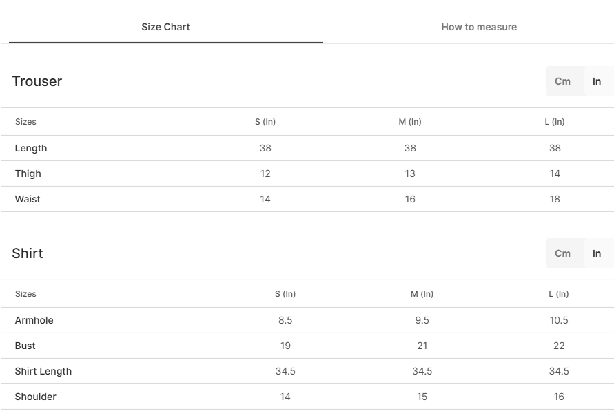 Size chart for Twirl
