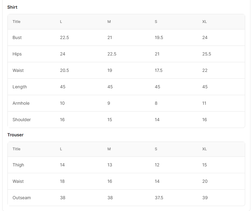 Size chart for Vanzila - Beige
