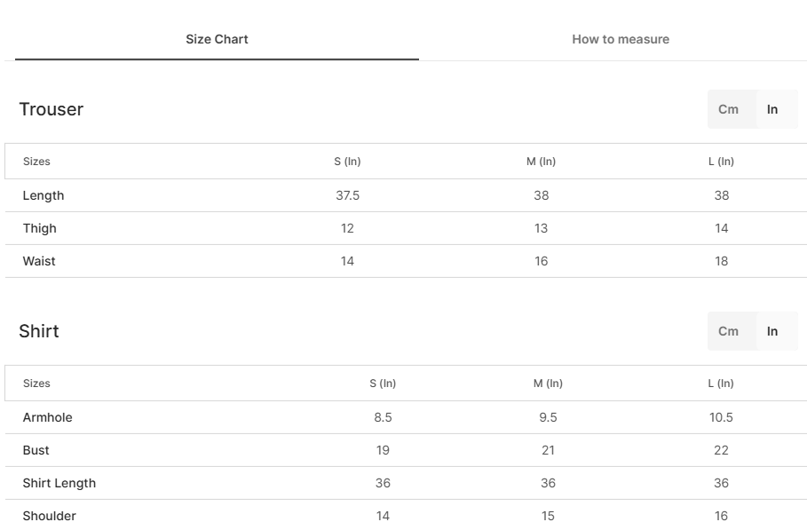 Size chart for Vasper Lilac