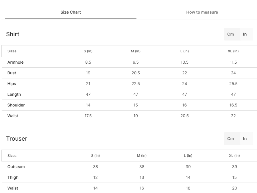 Size chart for Velour - Black