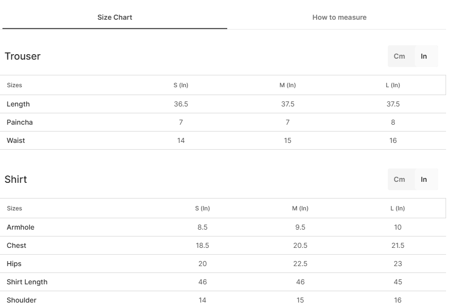 Size chart for Verdella