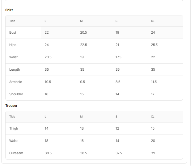 Size chart for Wardah Black