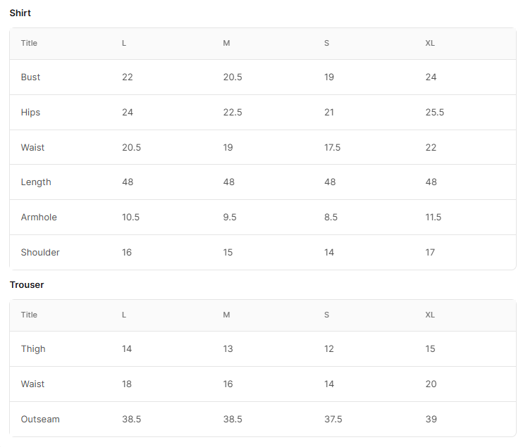 Size chart for Wateeb