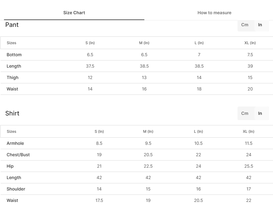 Size chart for Wave