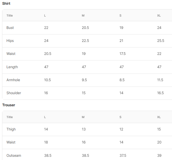 Size chart for Wimzy