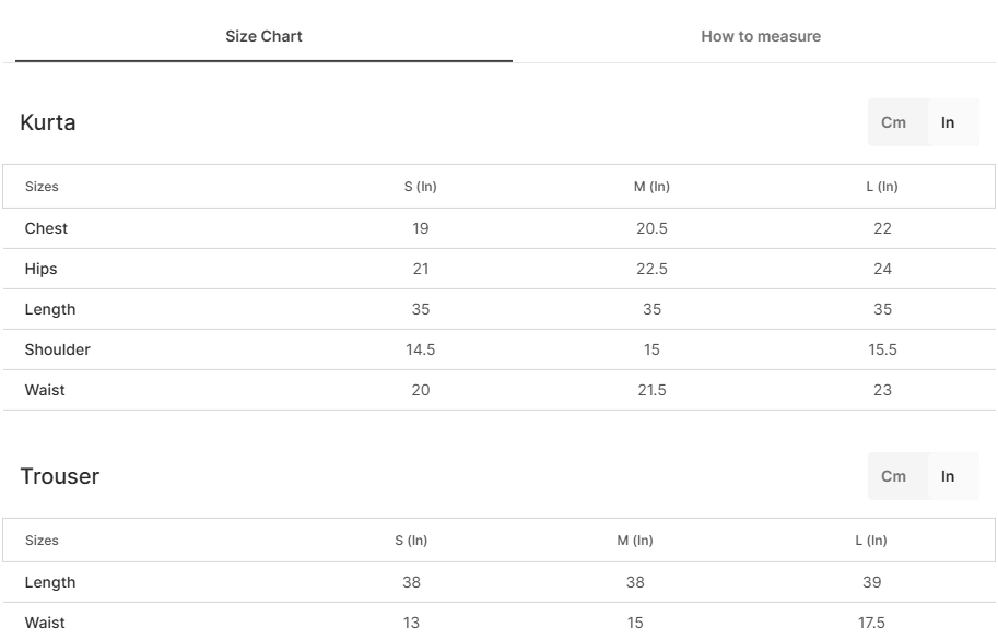 Size chart for Yasmeen-e-Shahi Black