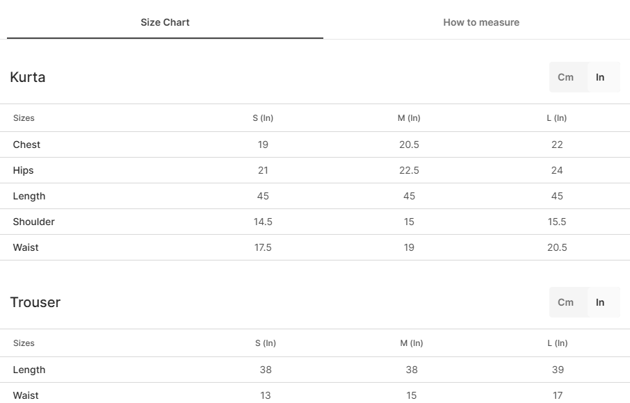 Size chart for ZAVERI - PISTA