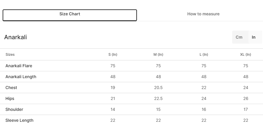 Size chart for Zafina White