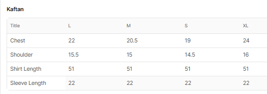 Size chart for Zanbuq
