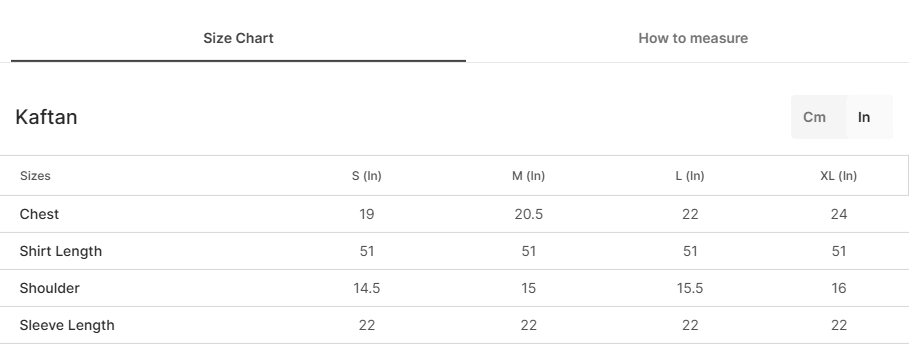 Size chart for Zanbuq